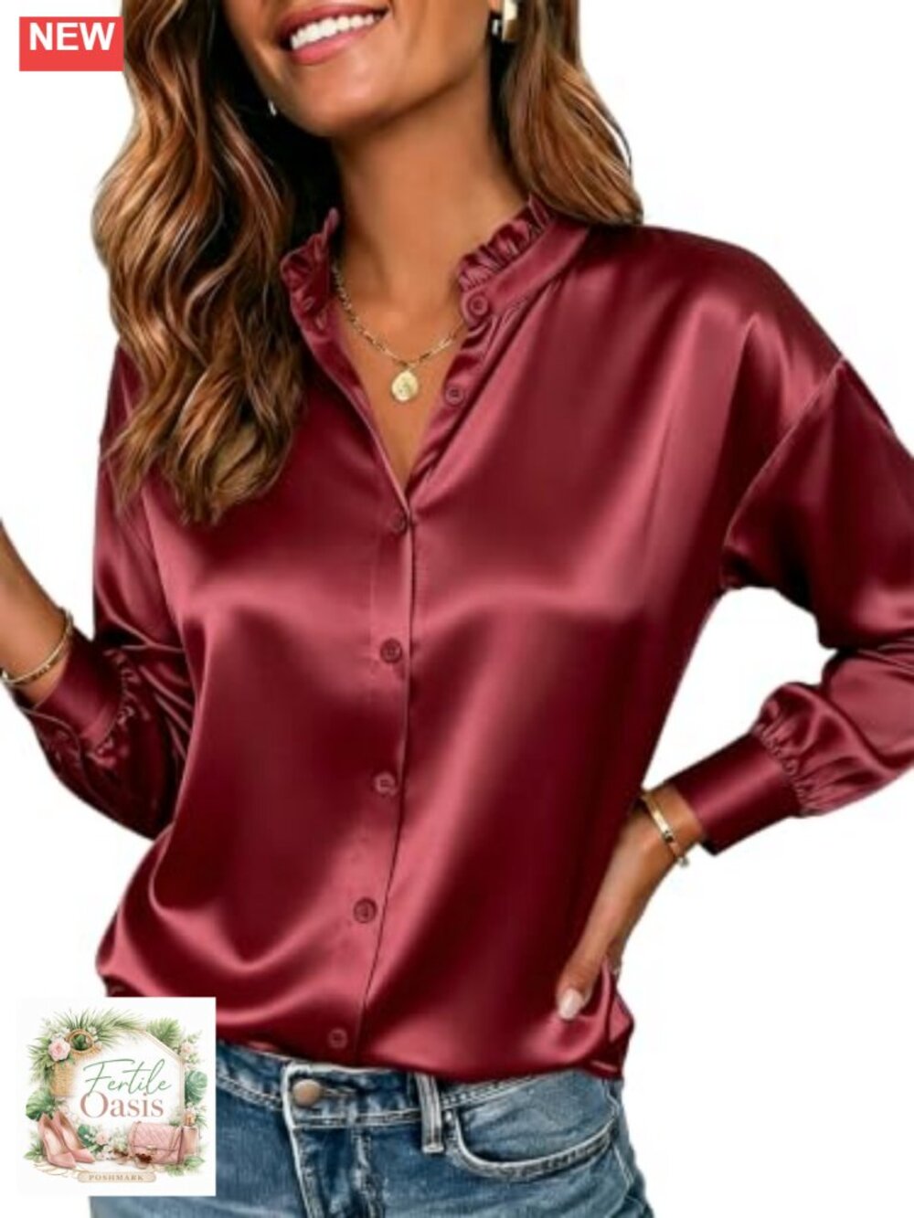 Satin Ruffle Collar Long Sleeve Button Down Blouse